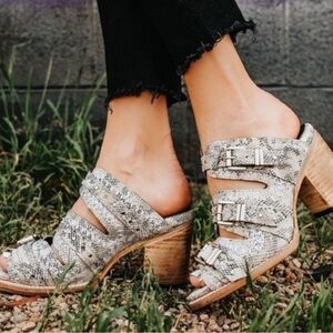 Freebird Snakeskin Mules with Wooden Heel